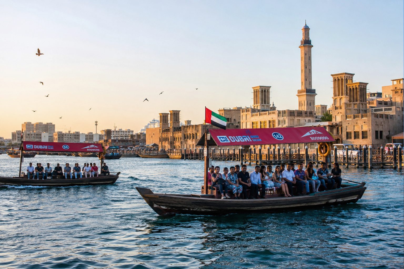 A loaded abra crossing Dubai Creek in front of the old town wind towers