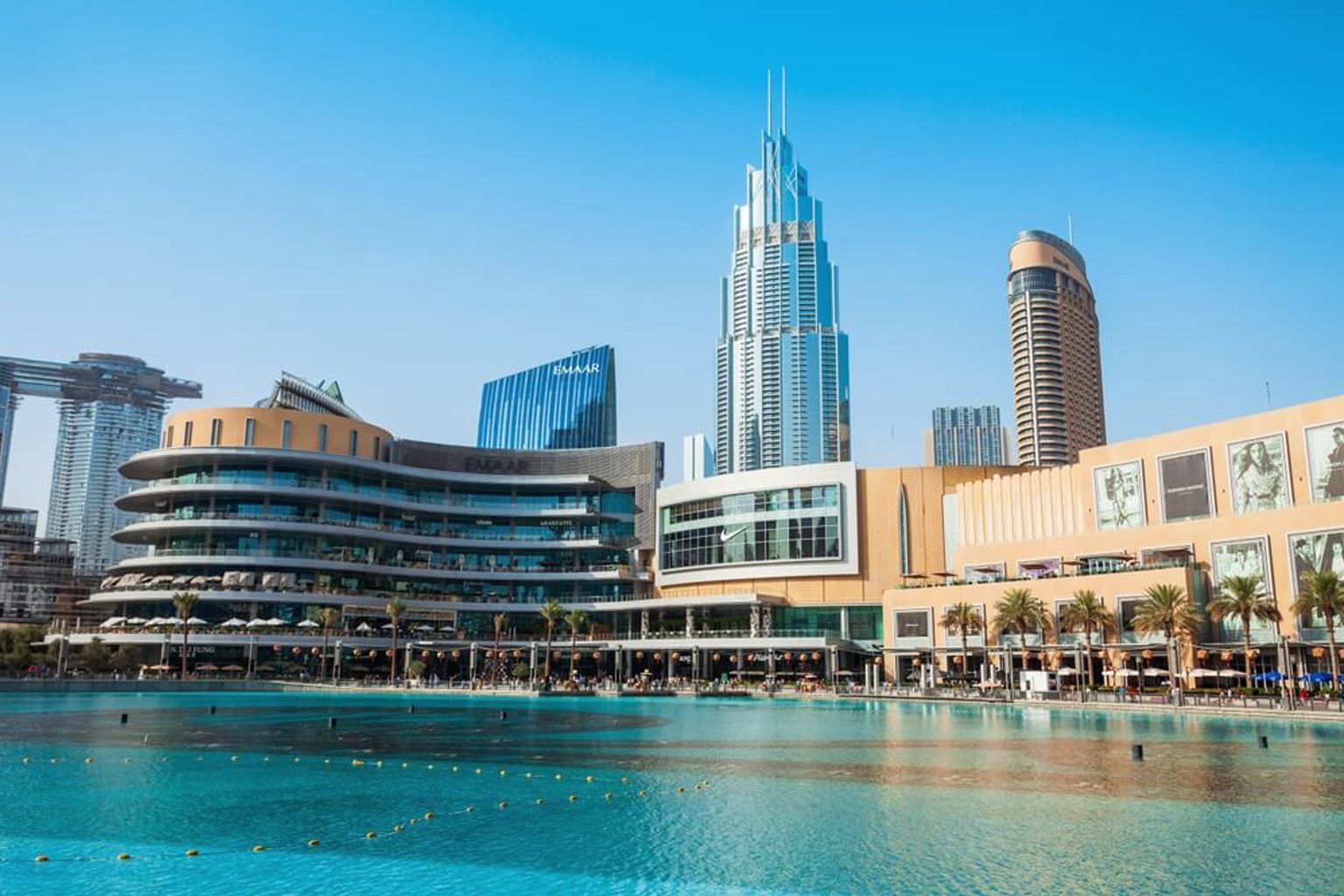 The Dubai Mall and its lake, with the Downtown towers behind