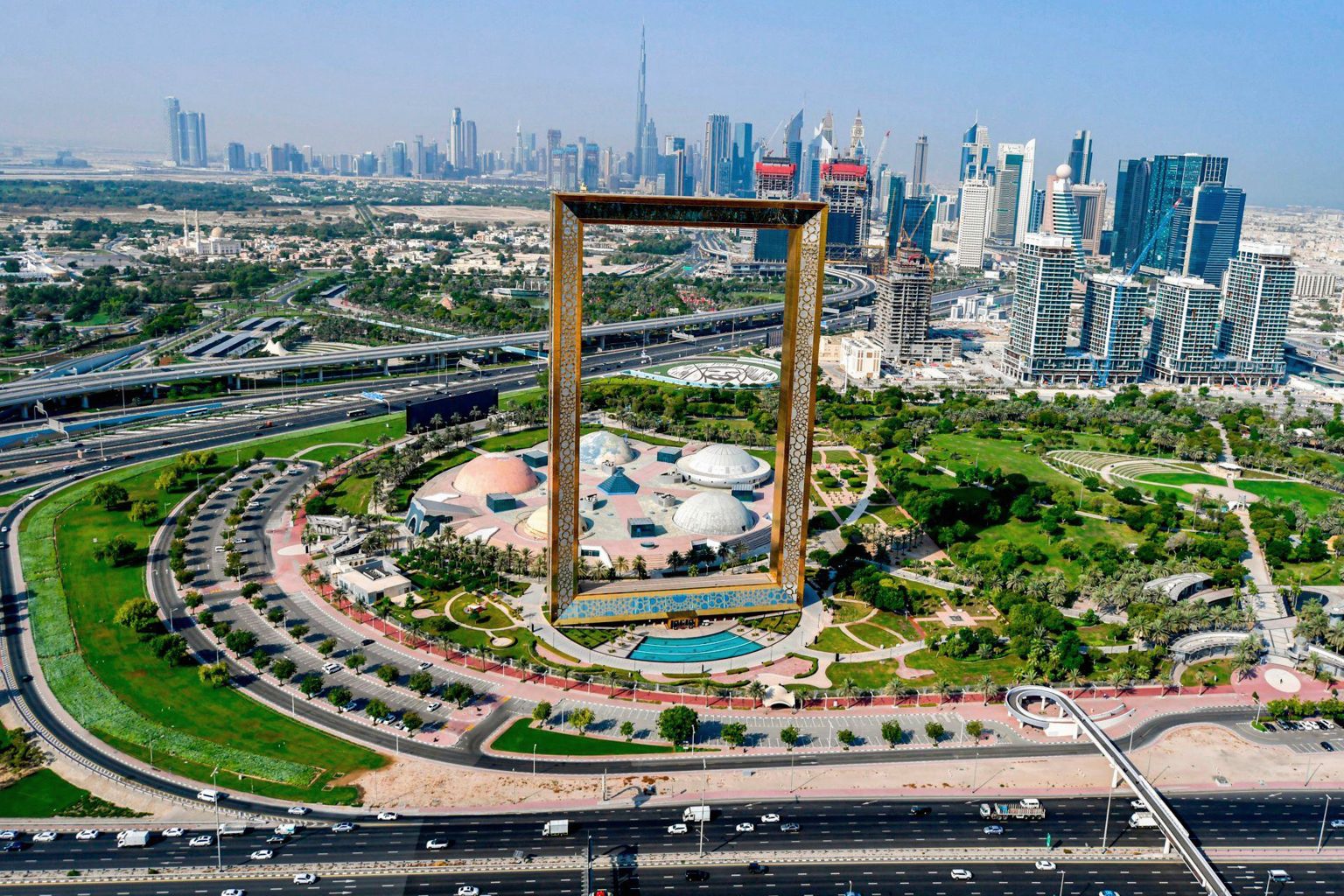 The Dubai Frame standing over Zabeel Park with the skyline beyond