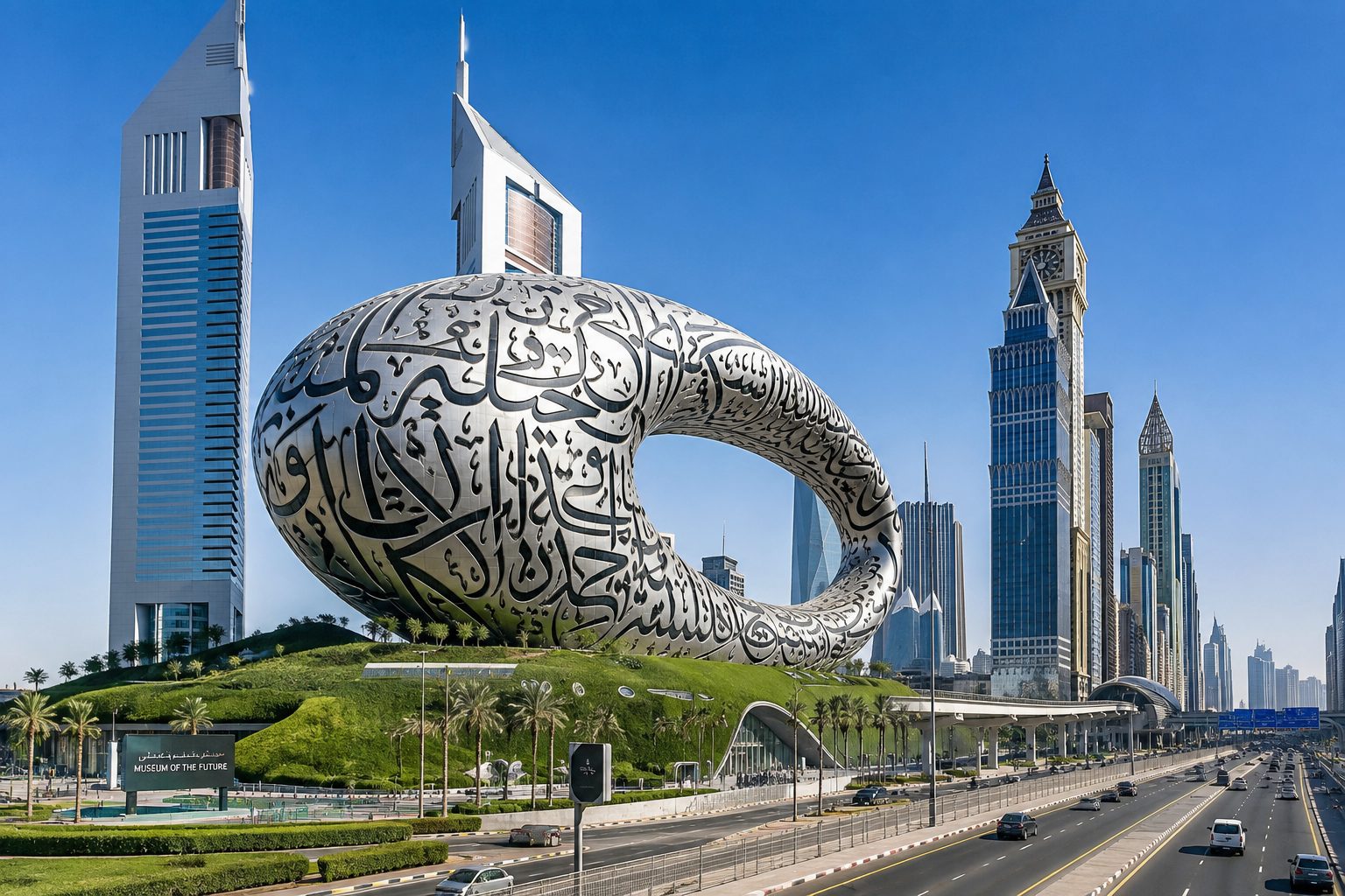 The Museum of the Future, its calligraphy-clad ring beside Sheikh Zayed Road