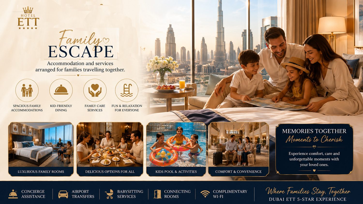 Family Escape package artwork: family accommodation and services