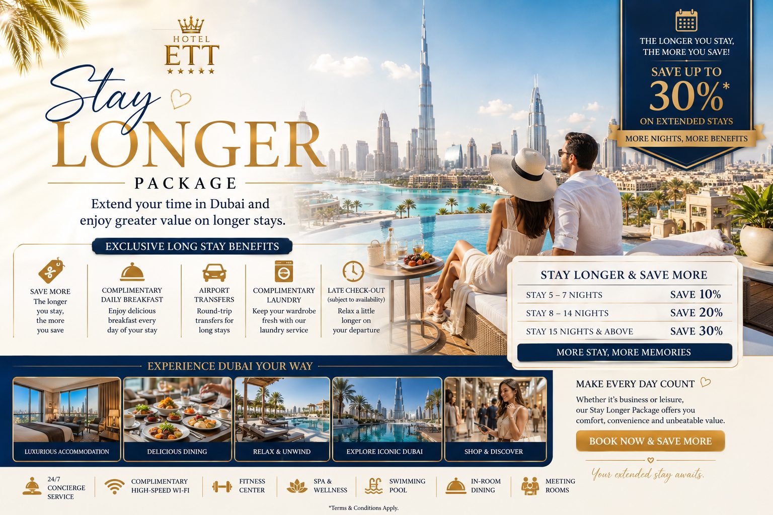 Stay Longer package artwork: long-stay savings and included benefits